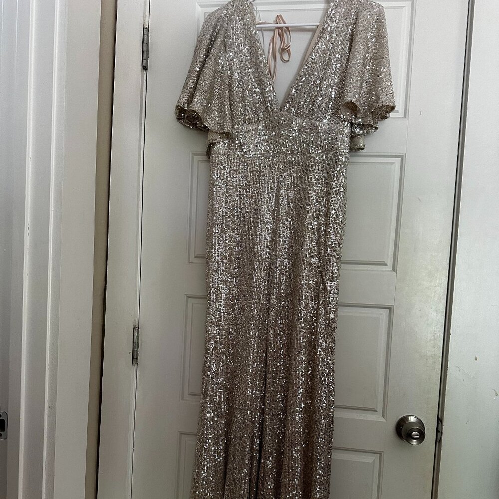 Vici Aakaa Trophy Wife Sequin Jumpsuit M Silver